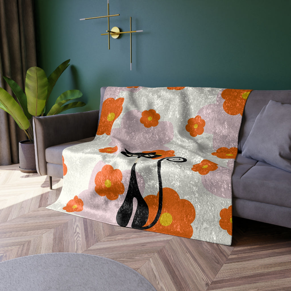 Atomic cat orange and pink retro Crushed Velvet Blanket, mid mod throw blanket, Mid Century Modern, 50s 60s kitschy, black cat lover gift