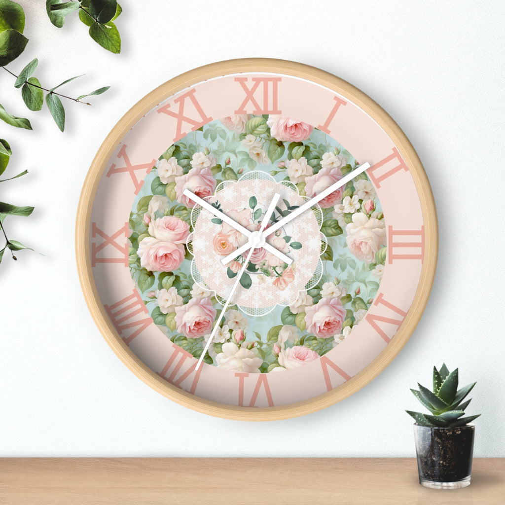 Shabby chic inspired pink rose Wall Clock, kitchen living room bedroom wall clock, silent mechanism