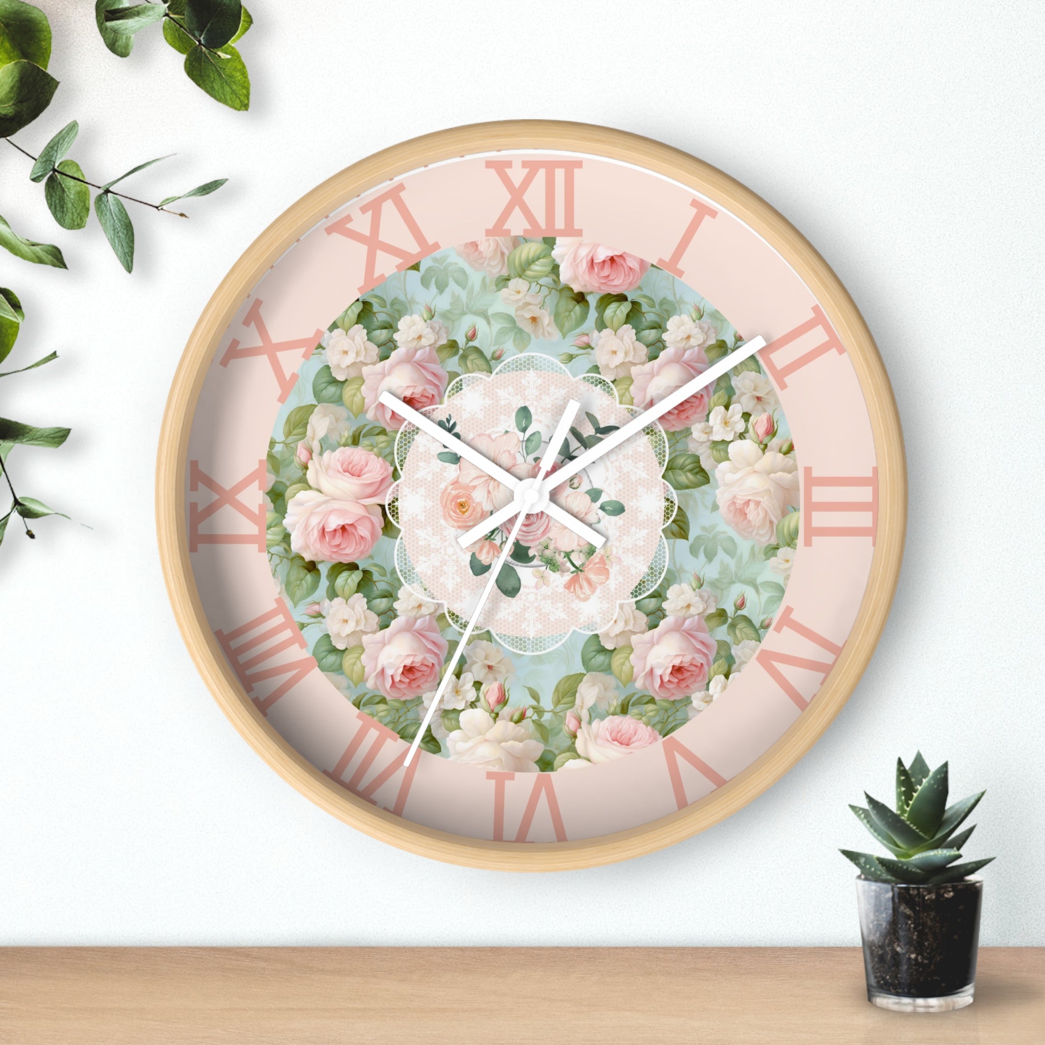 Shabby chic inspired pink rose Wall Clock, kitchen living room bedroom wall clock, silent mechanism
