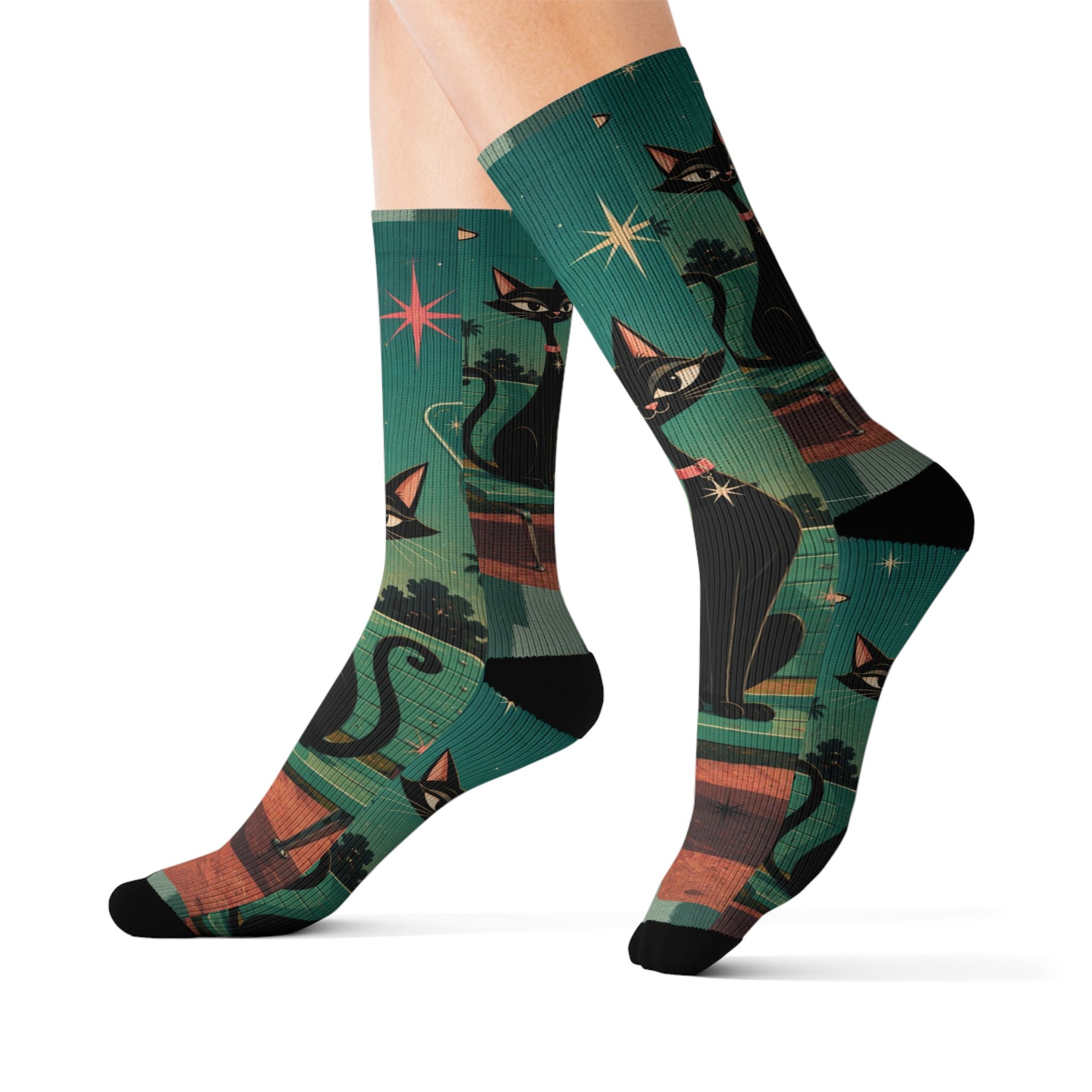 Retro Atomic Black Cats Socks | Teal Night Cat Pattern Sublimation Socks