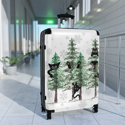 Happy holidays cute cat rolling travel Suitcase, pine trees, christmas carry on, christmas fall lumbar luggage