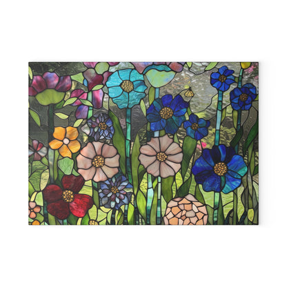 Glass Cutting Board, stained glass look, flower garden, cheese board, bread, serving, tempered glass chopping board