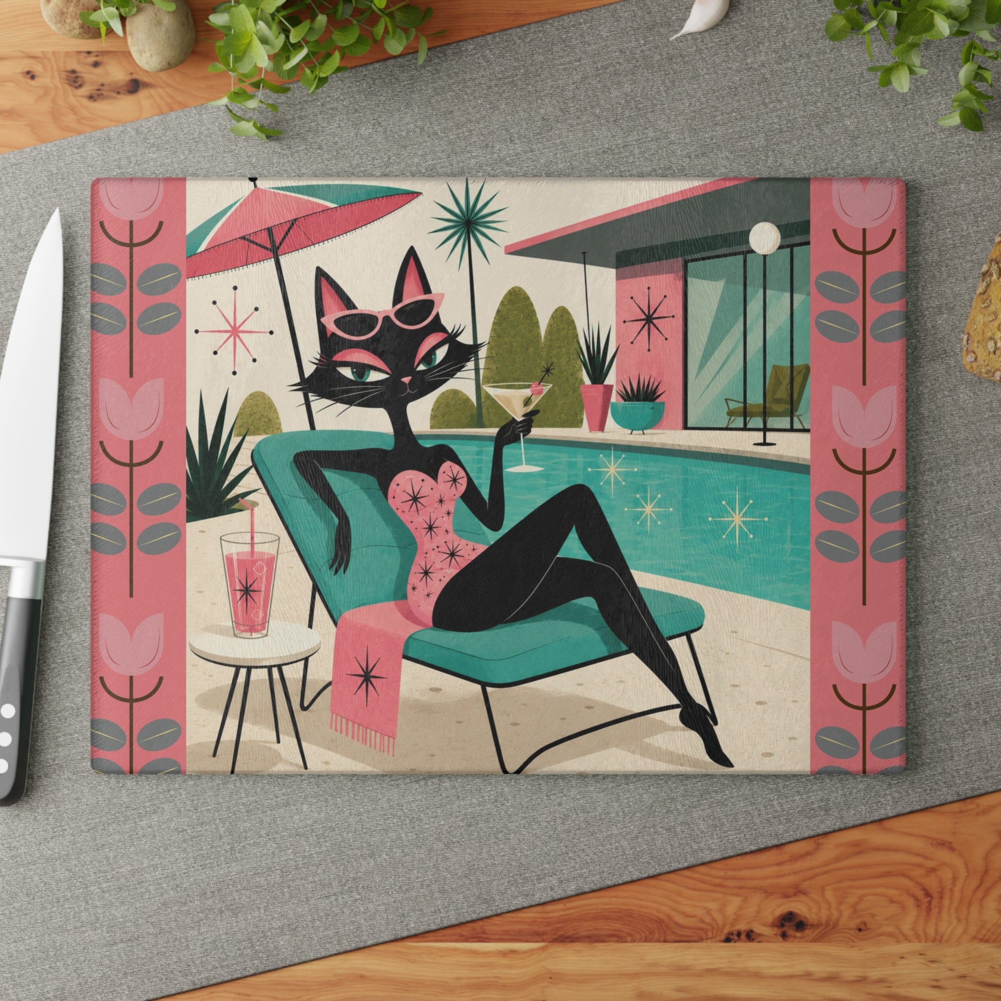 Retro Lounge Atomic Cat Glass Cutting Board | Mid Century Poolside Cocktail Art