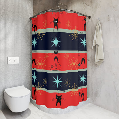 Red and blue atomic cat retro inspired Shower Curtain, mid century modern, modern vintage, cat shower curtain