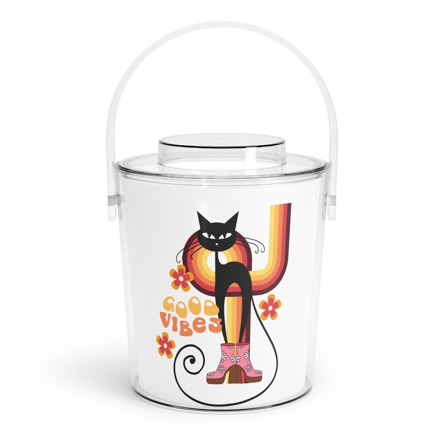 Atomic cat Good Vibes retro Ice Bucket with Tongs, retro barware, outdoor hosting, entertaining bucket, Mid Century black cat