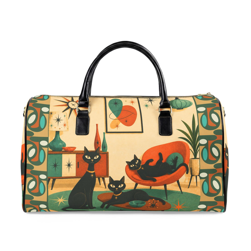Mid Century Atomic Cat Scene Faux Leather Travel Bag | Retro Atomic Kitsch