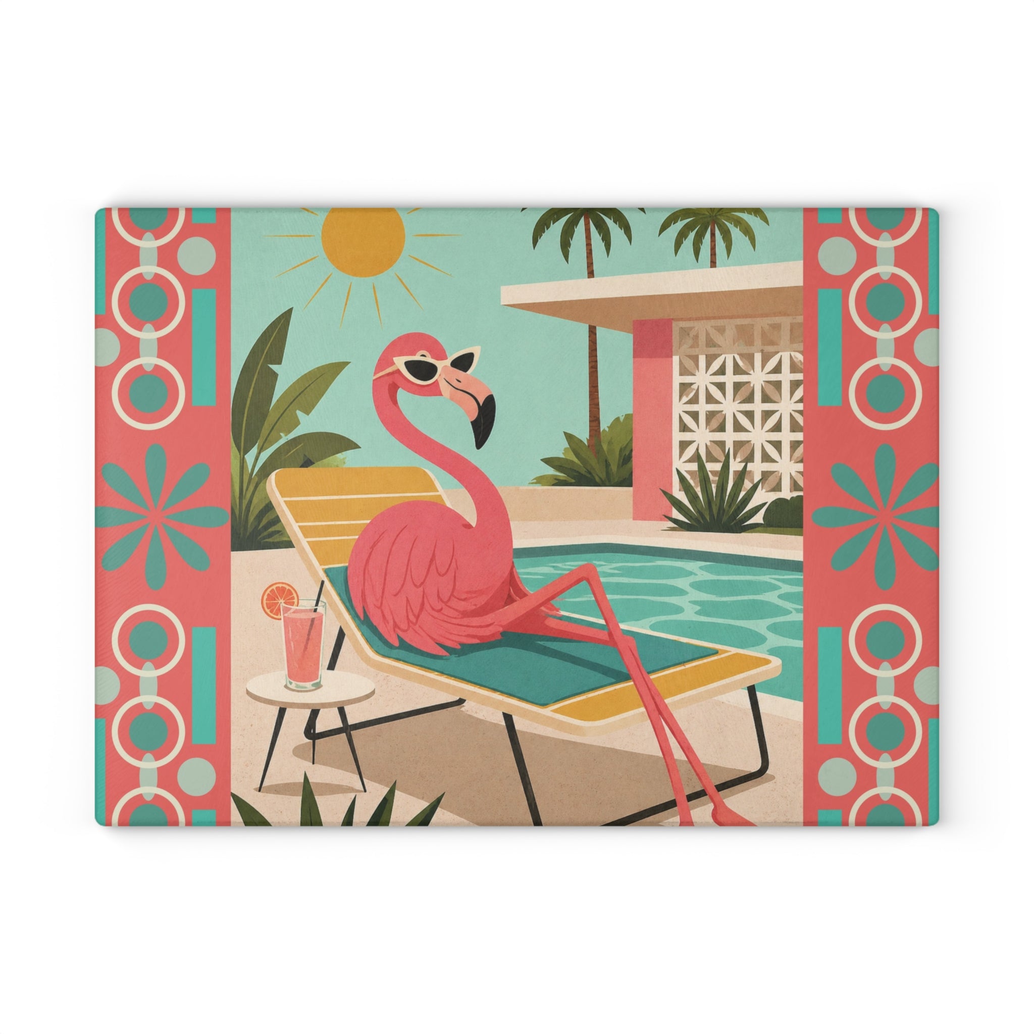 Retro Flamingo Poolside Glass Cutting Board | Mid Century Tropical Art