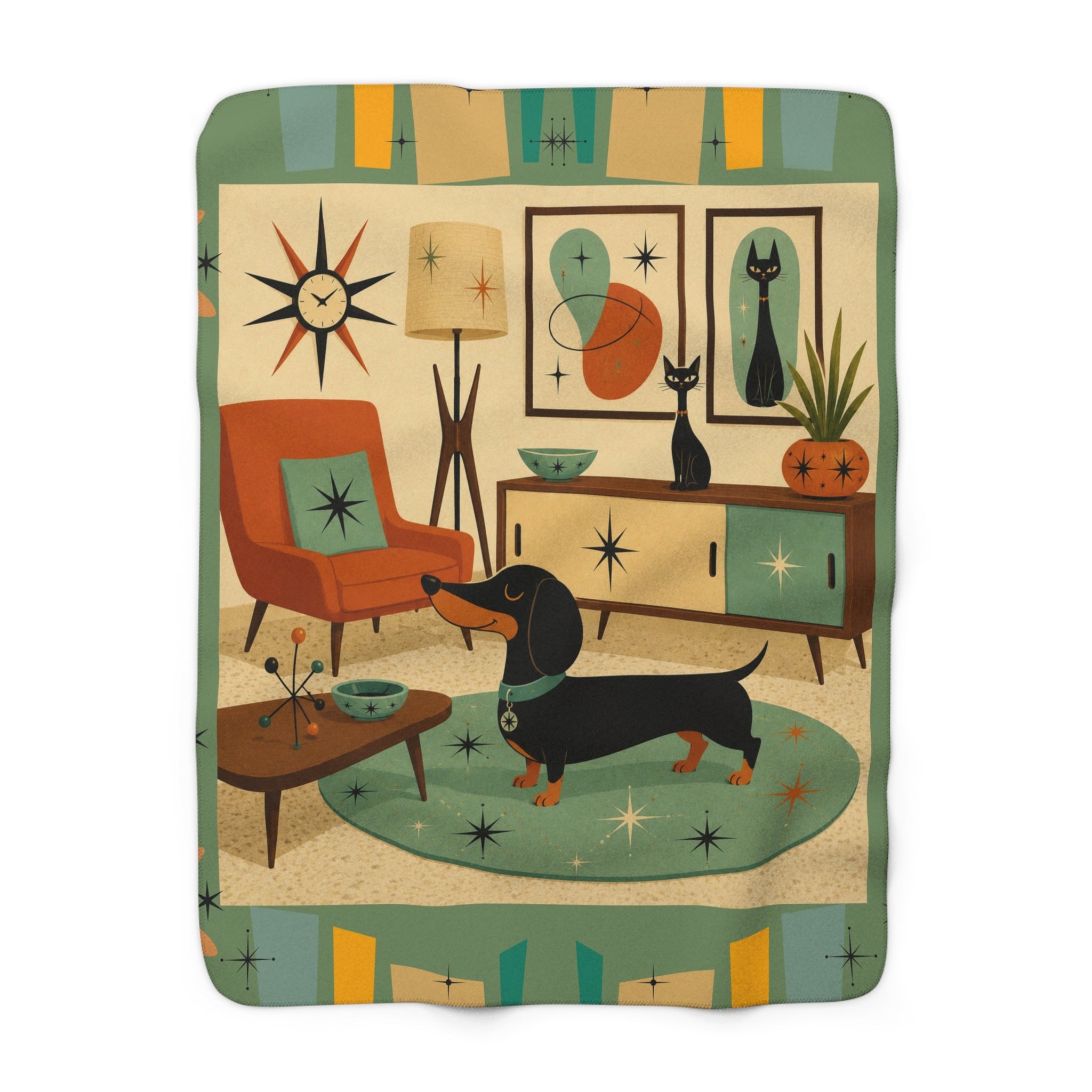 Mid Century Dachshund Living Room Sherpa Fleece Blanket | Retro Atomic Home