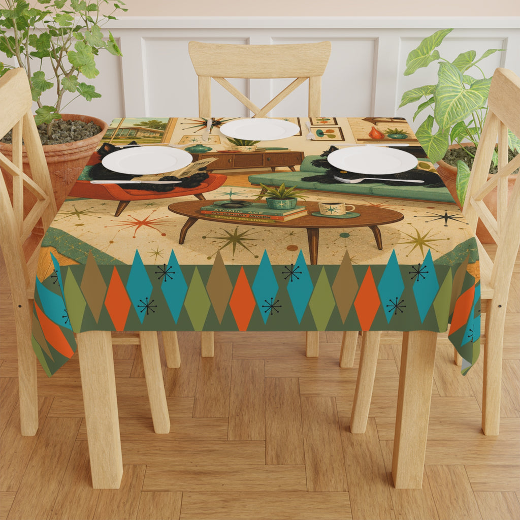 Mid Century Living Room with Scottish Terriers Tablecloth | Retro Atomic Print