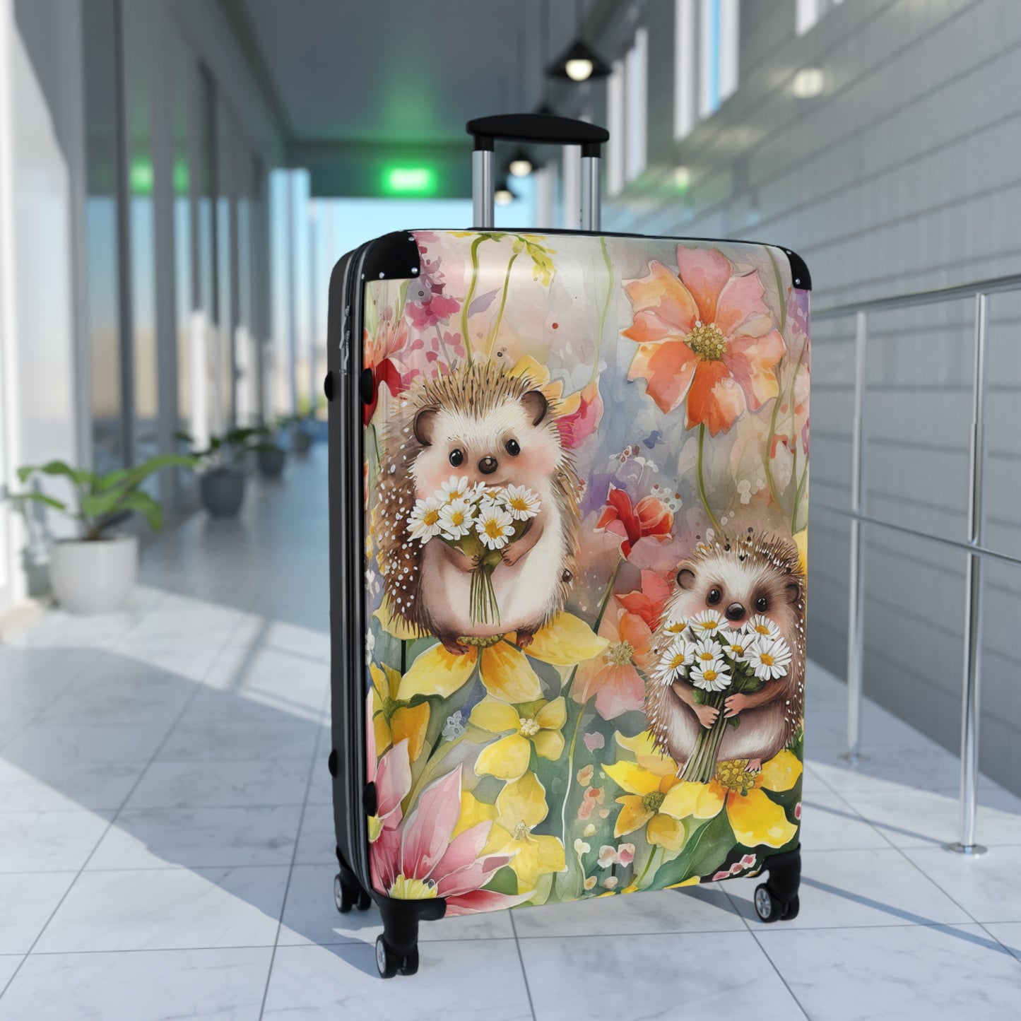 Cute wildflowers and hedgehog Suitcase on wheels, roller case, travel luggage, hard shell suitcase, secure lockable design