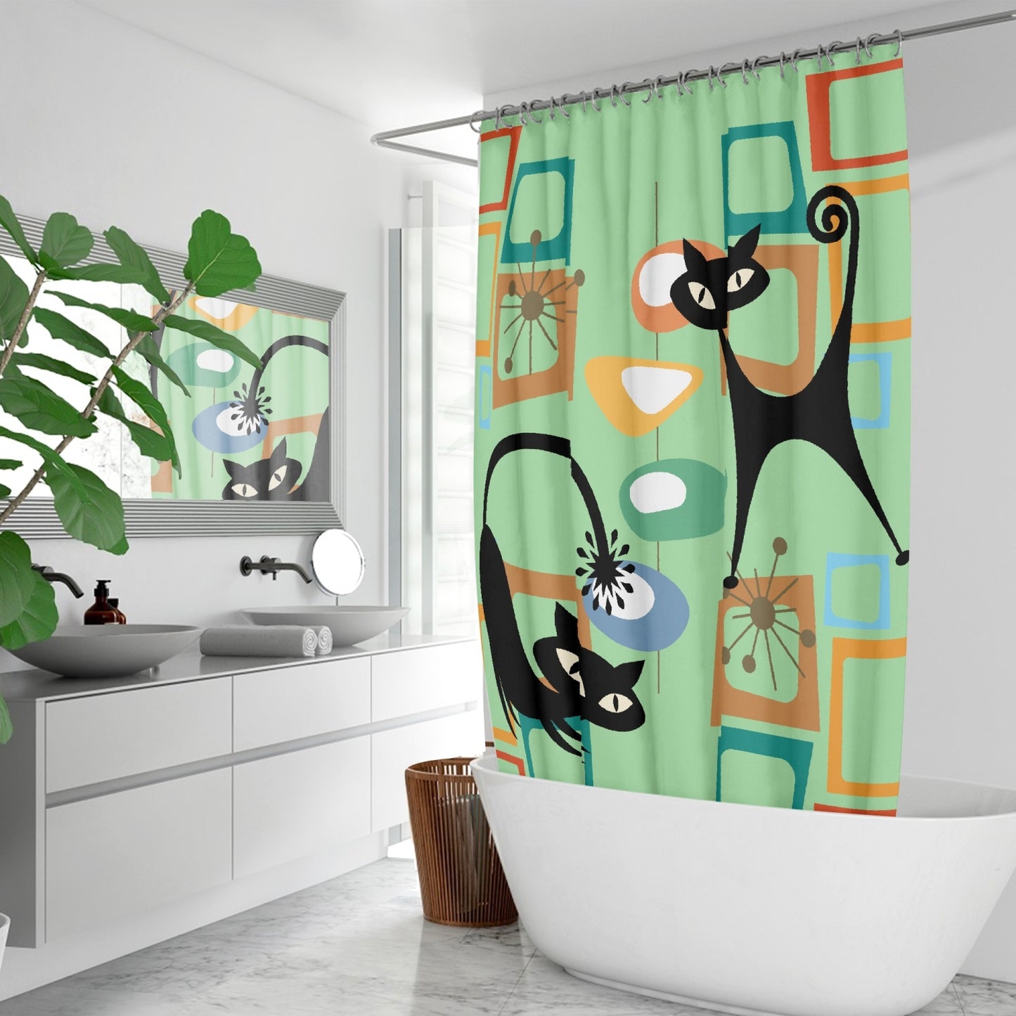 Atomic cat Mid Century Modern green. Quick-drying Shower Curtain, retro bathroom, 50s 60s inspired design