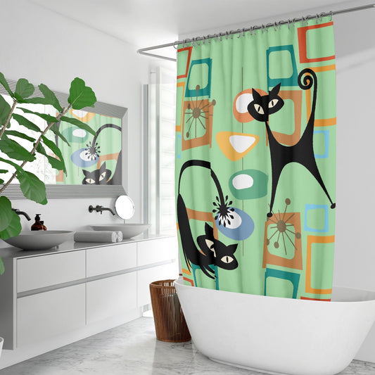 Atomic cat Mid Century Modern green. Quick-drying Shower Curtain, retro bathroom, 50s 60s inspired design