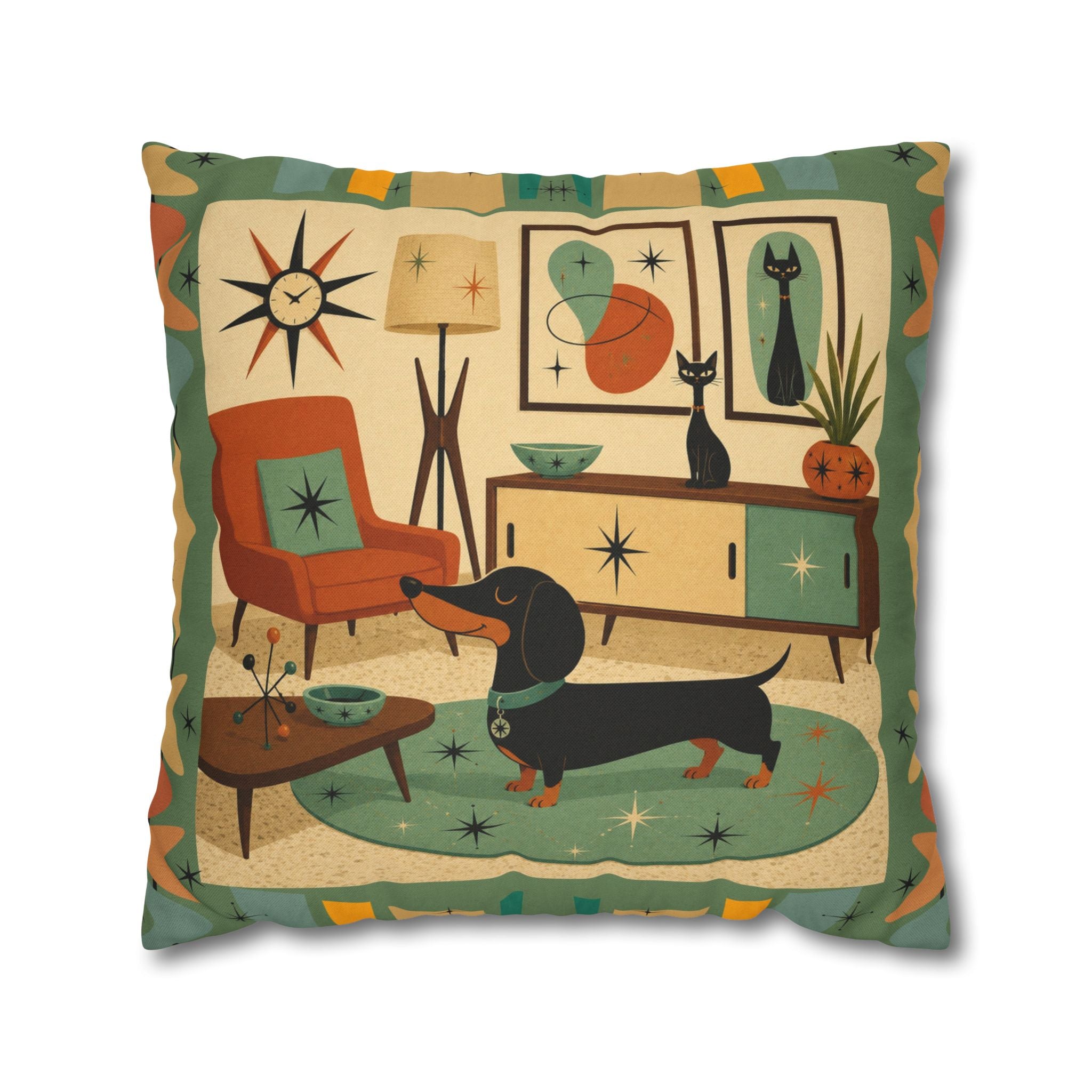 Mid-Century Living Room Dachshund Pillowcase | Square Pillowcase - COVER ONLY