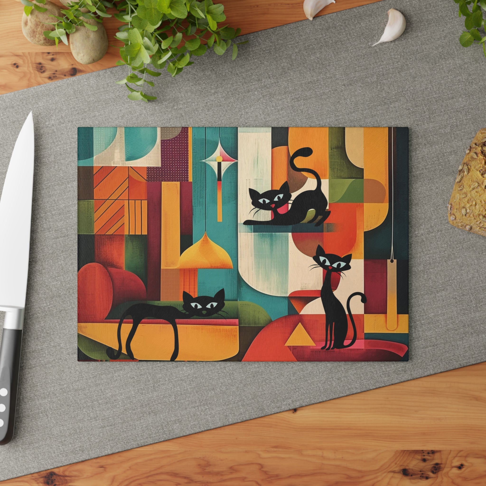 Atomic cat MCM Glass Cutting Board, Mid Century Modern, MCM chopping board, 50s 60s inspired, black cat lover gift