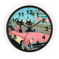 Retro Atomic Cat Roadtrip Wall Clock | Vintage Pink Convertible, Palm Trees