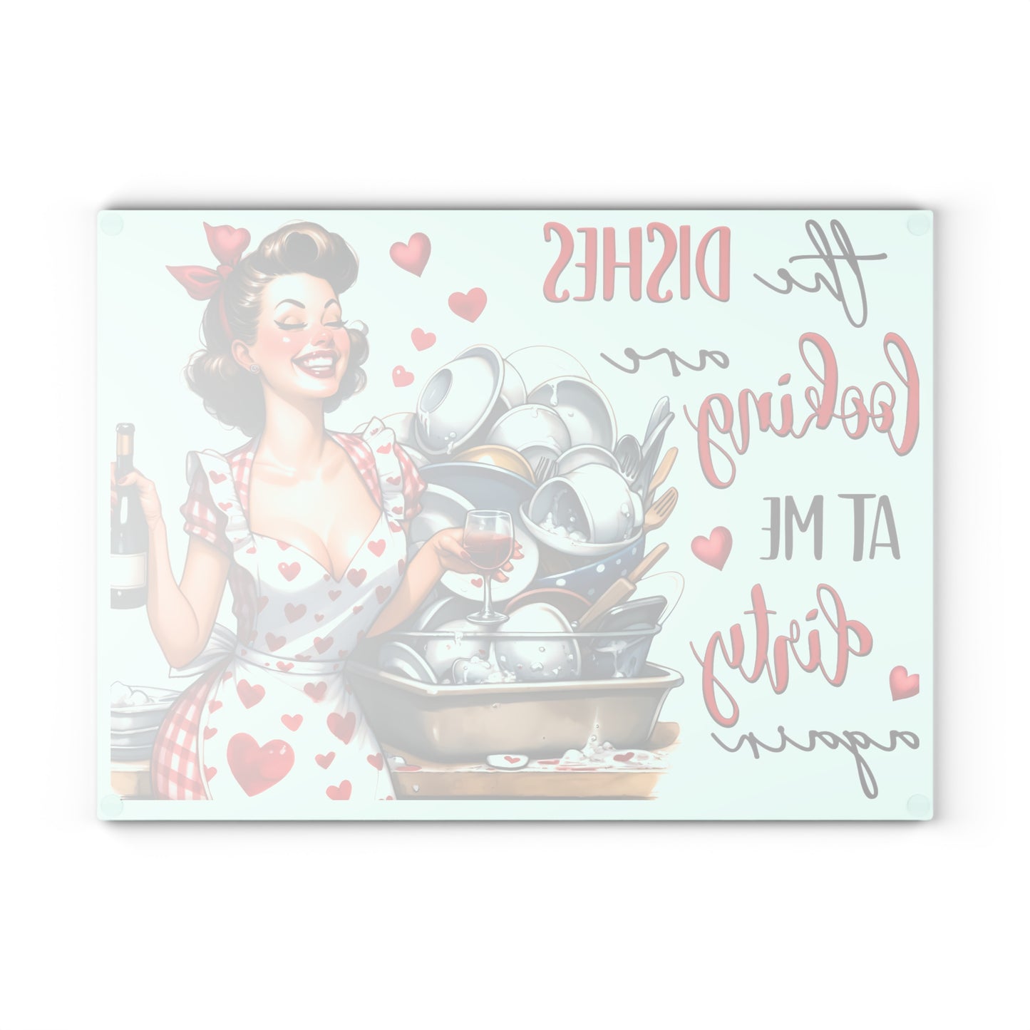 Vintage inspired Dirty dishes Glass Cutting Board, valentines gift, retro chopping board