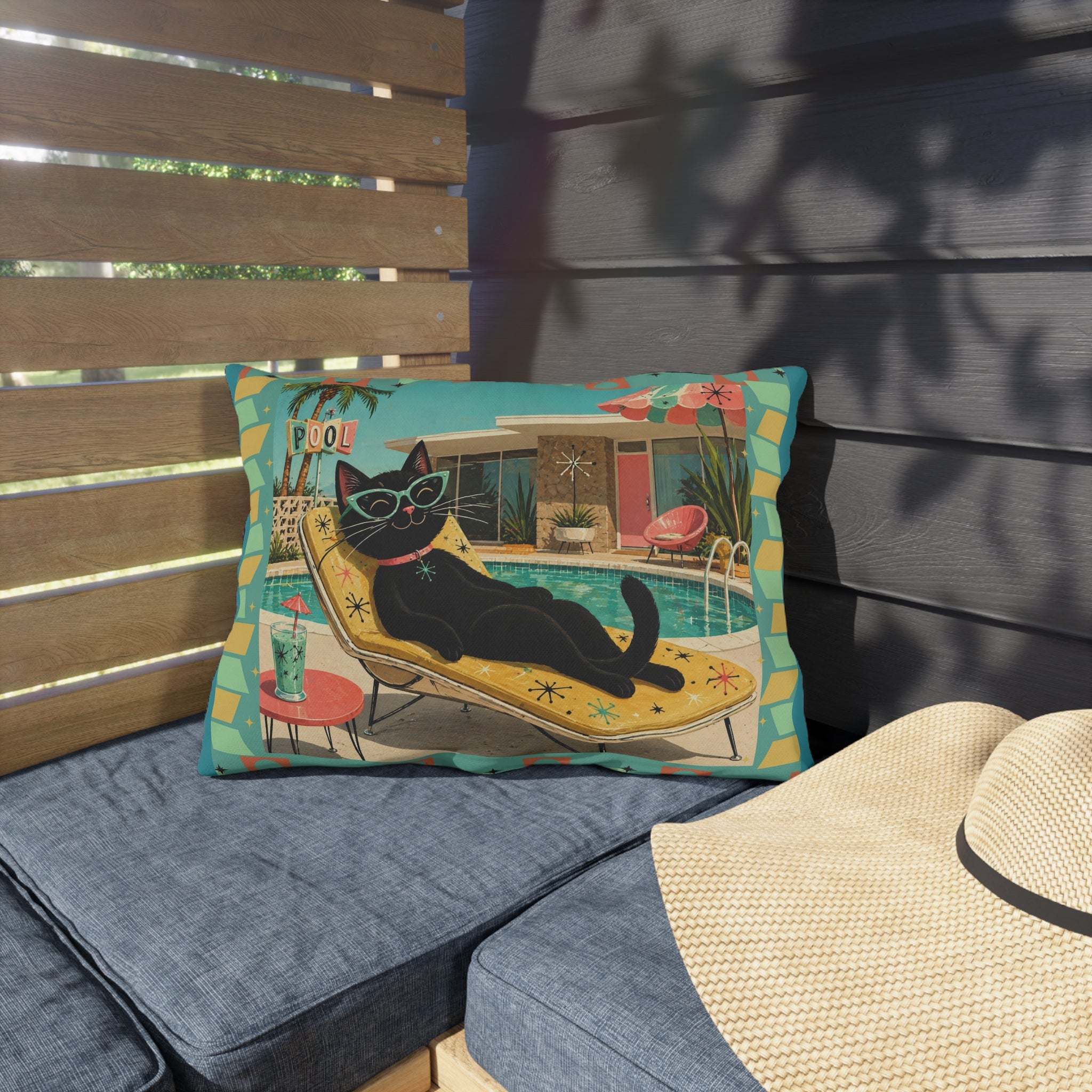 Retro Black Cat Poolside Outdoor Pillow | Mid Century Modern Patio Decor