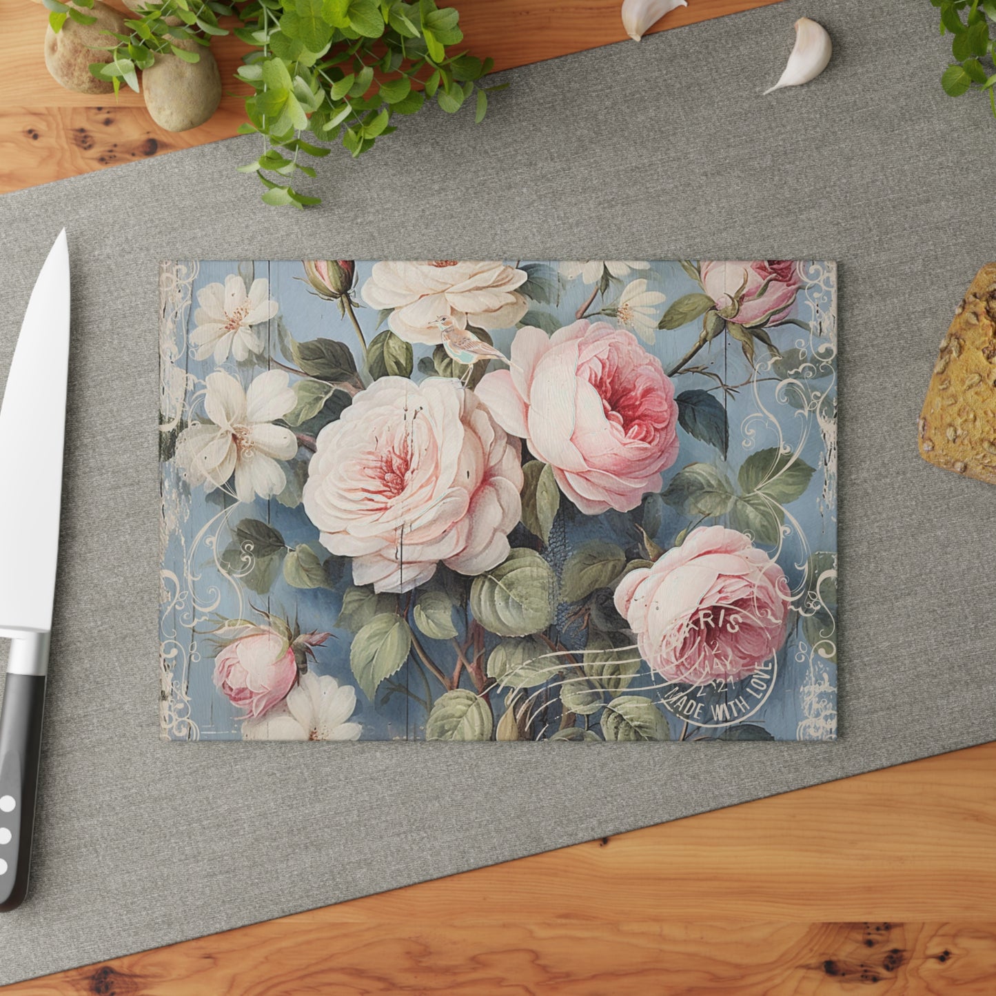 Pink roses shabby chic style Glass Cutting Board, vintage inspired floral chopping board