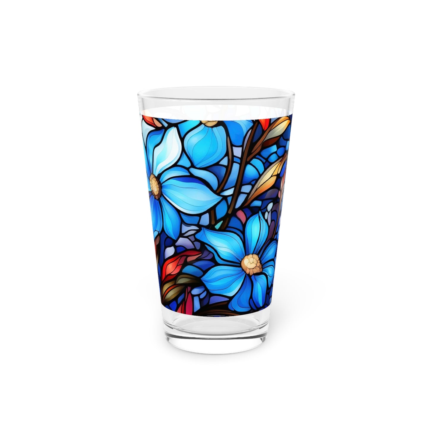 Blue flower stained glass (look only) Pint Glass, 16oz (Price is per glass)