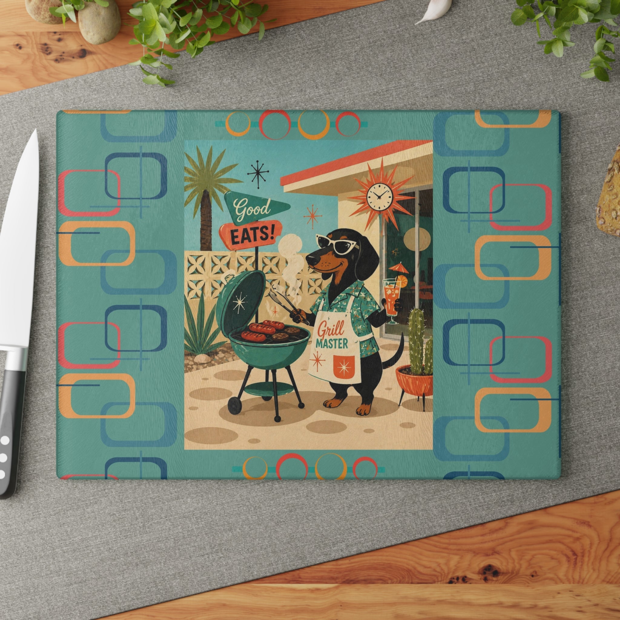 Retro Dachshund BBQ Glass Cutting Board | Mid Century Grill Dog Kitchen Decor