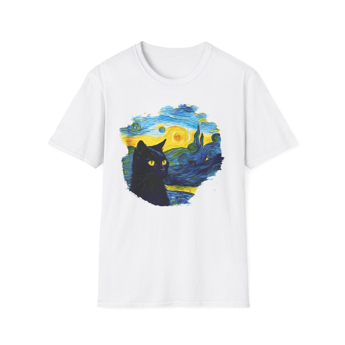 Cute black Cat with Van Gogh inspired Unisex Softstyle T-Shirt