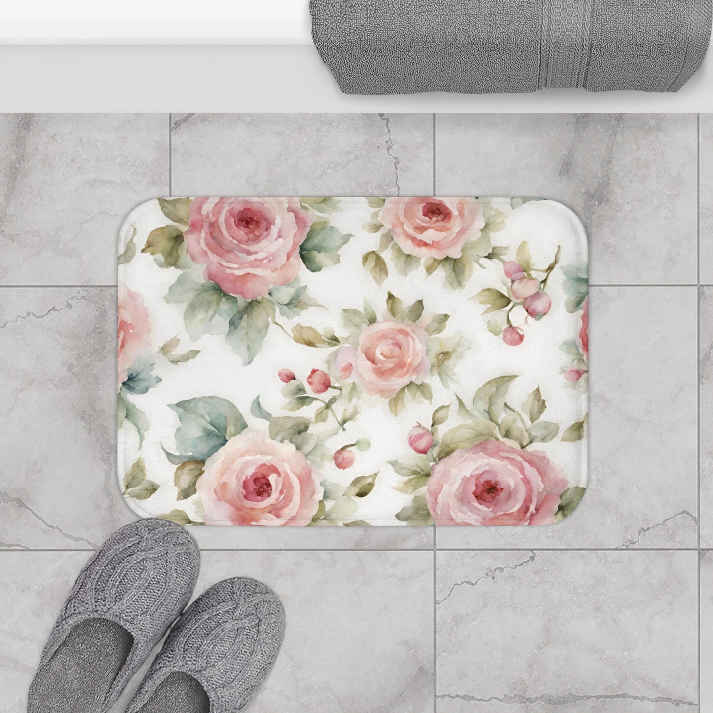 Pink watercolor roses shabby chic Bath Mat, French vintage inspired, non slip mat, bathroom decor, Farmhouse bathmat