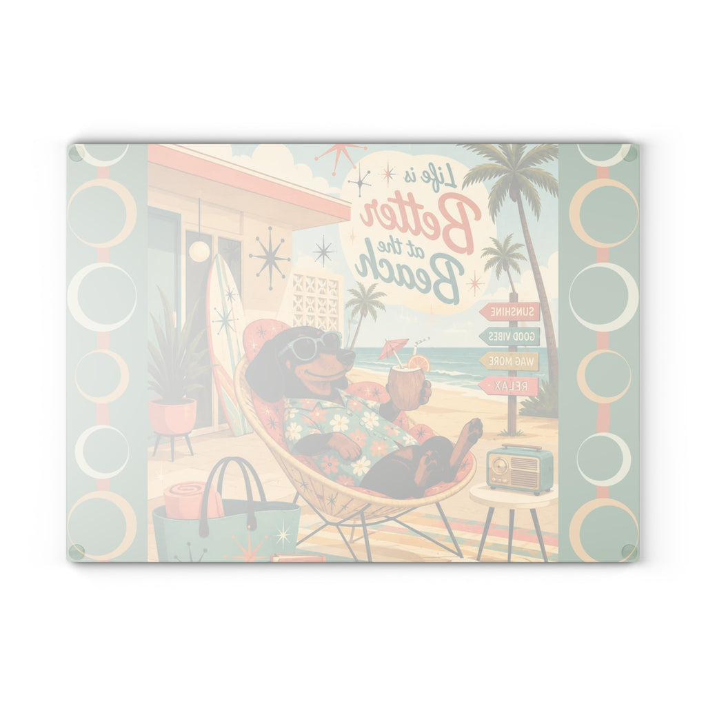 Life Is Better at the Beach Dachshund Glass Cutting Board | Retro Beach Scene