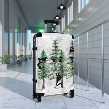 Happy holidays cute cat rolling travel Suitcase, pine trees, christmas carry on, christmas fall lumbar luggage