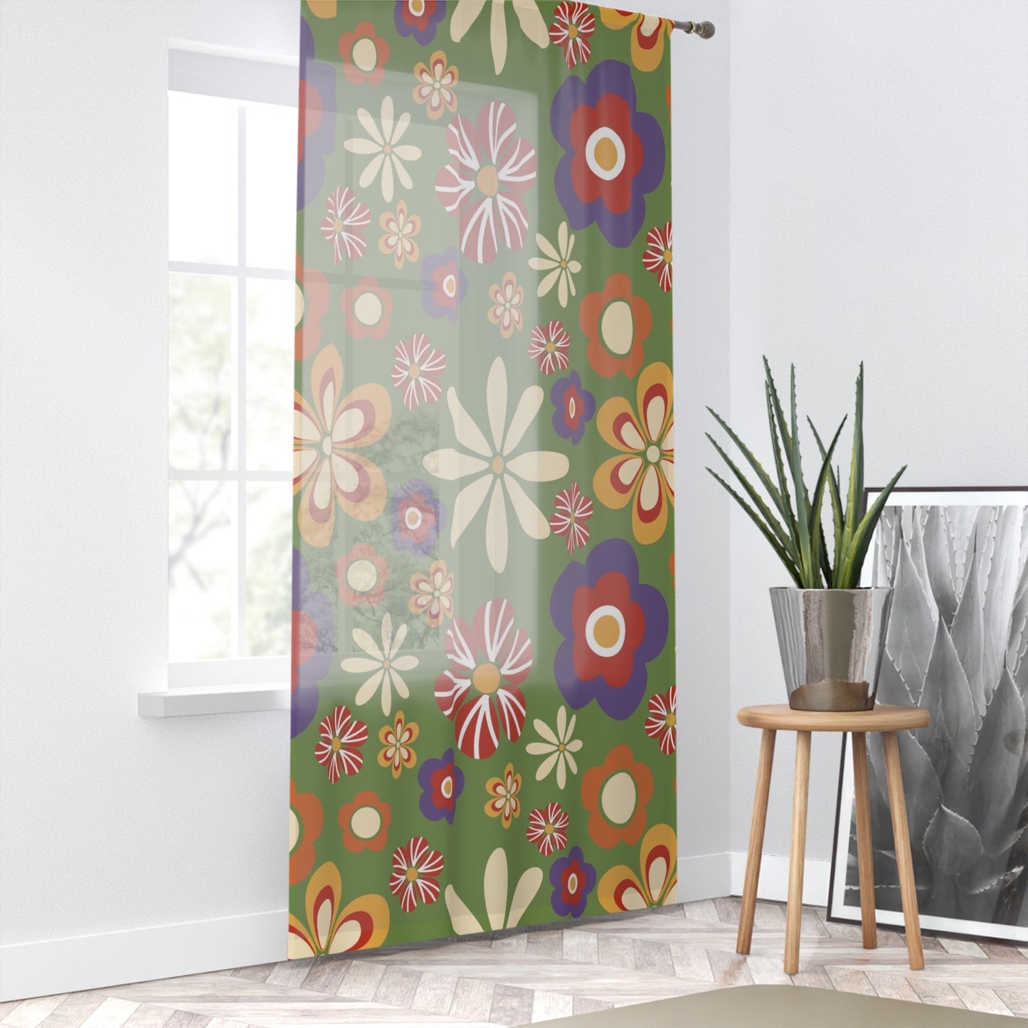 Retro groovy hippie flowers sheer Window Curtain