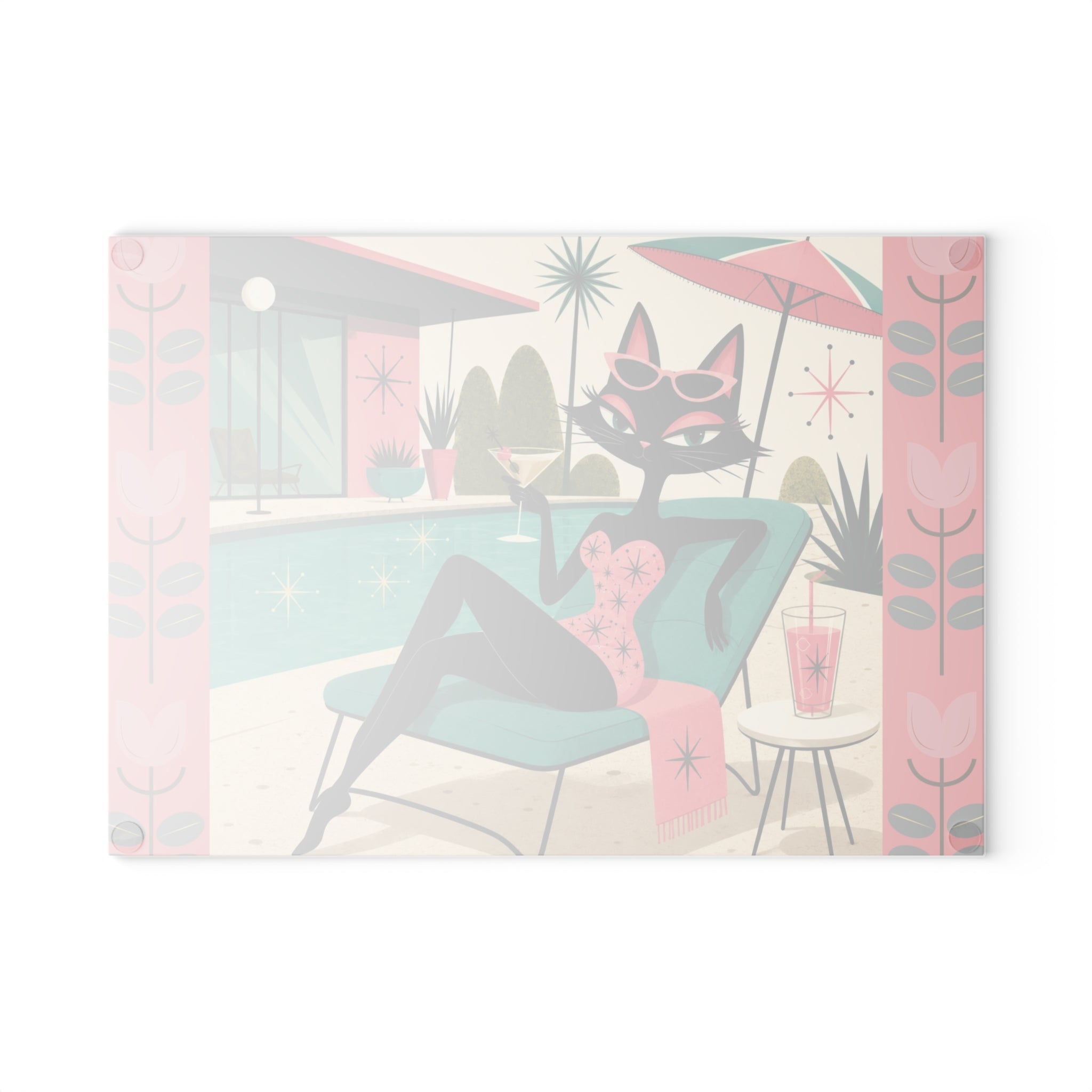Retro Lounge Atomic Cat Glass Cutting Board | Mid Century Poolside Cocktail Art
