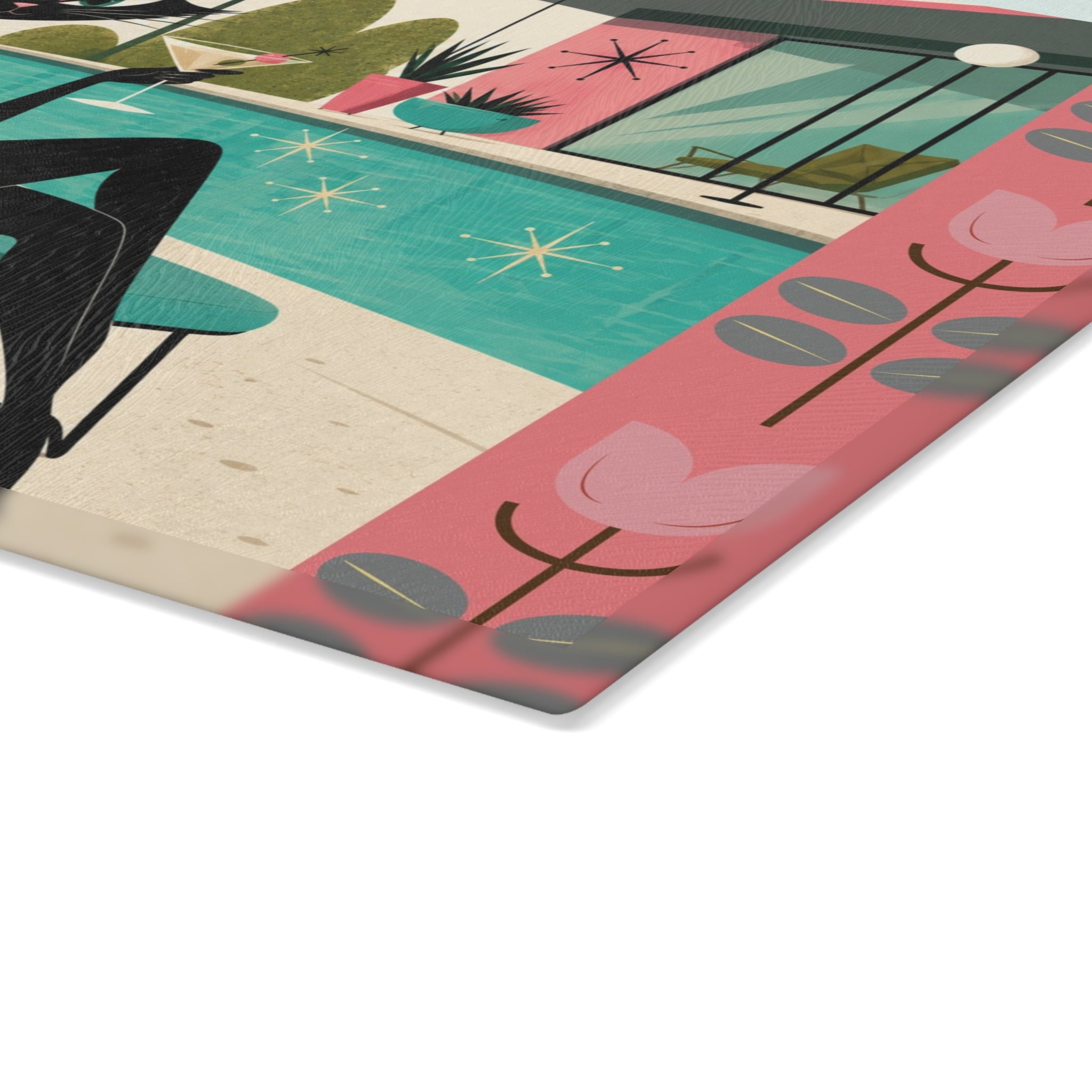 Retro Lounge Atomic Cat Glass Cutting Board | Mid Century Poolside Cocktail Art