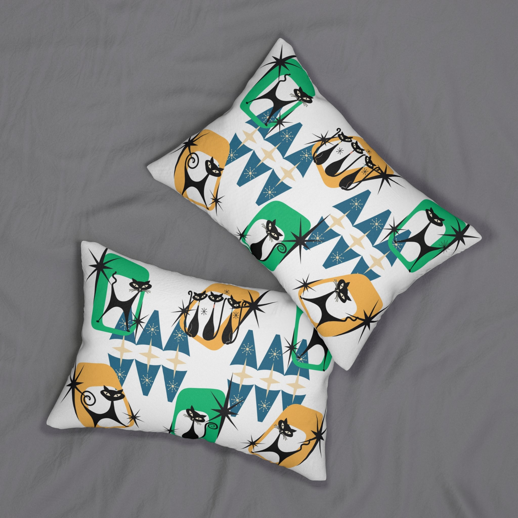 Mid Century Atomic cat retro Spun Polyester Lumbar Pillow, MCM home decor, 50s 60s inspired, black cat lover gift