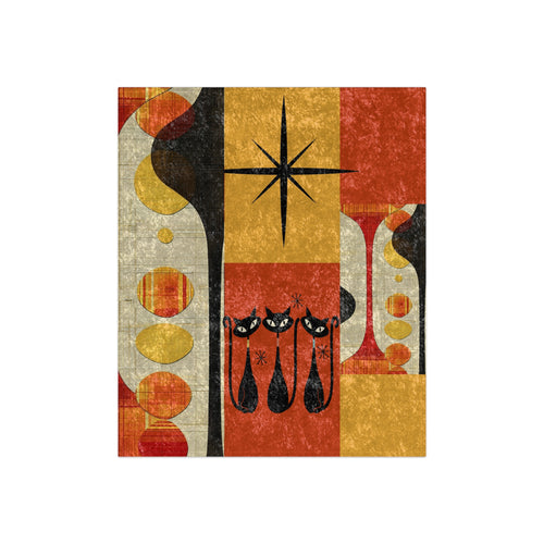 Atomic cat retro orange Crushed Velvet Blanket, MCM throw blanket, Mid Century Modern, couch bed blanket, groovy black cat lover gift