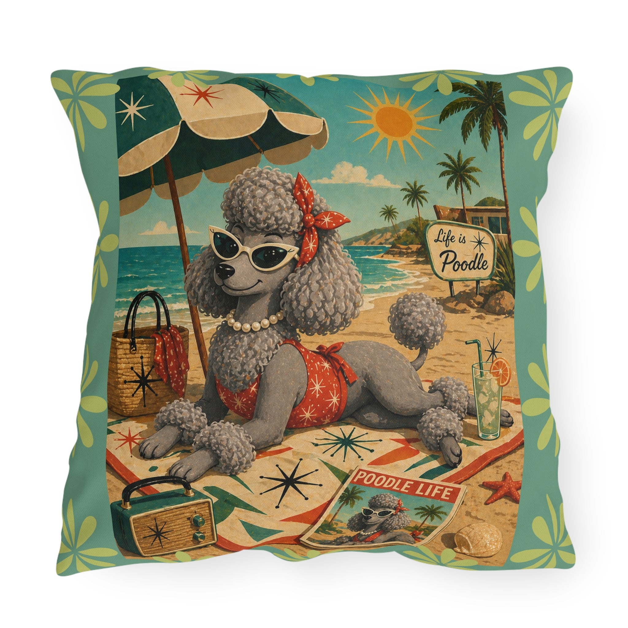 Retro Beach Poodle Outdoor Pillow | Vintage MCM Pinup Dog Tropical Scene