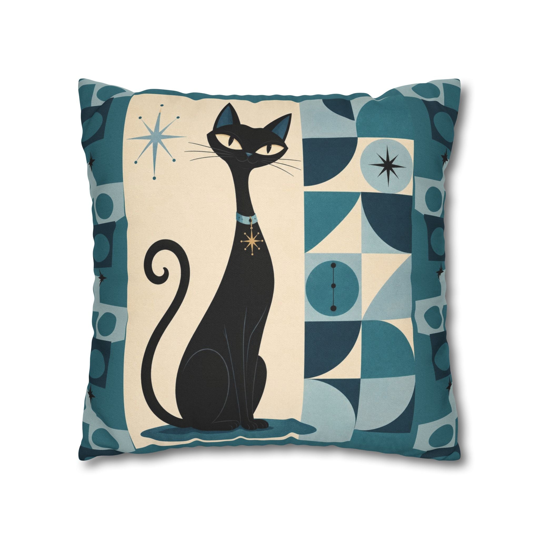 Mid Century Atomic Black Cat Pillowcase | Square Pillowcase, Retro Geometric Cat - COVER ONLY