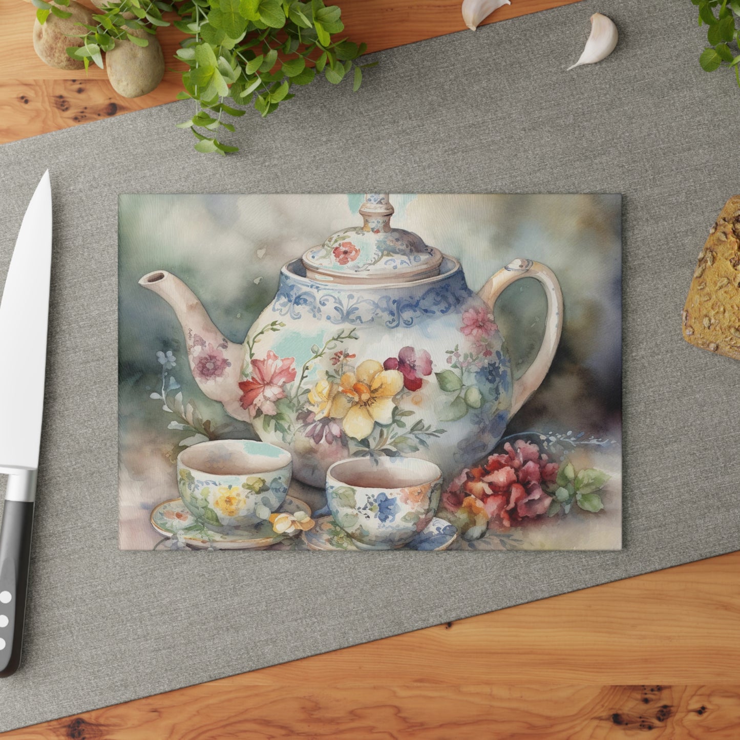 Vintage Charm Glass Cutting Board with Tea Pot and Floral Design