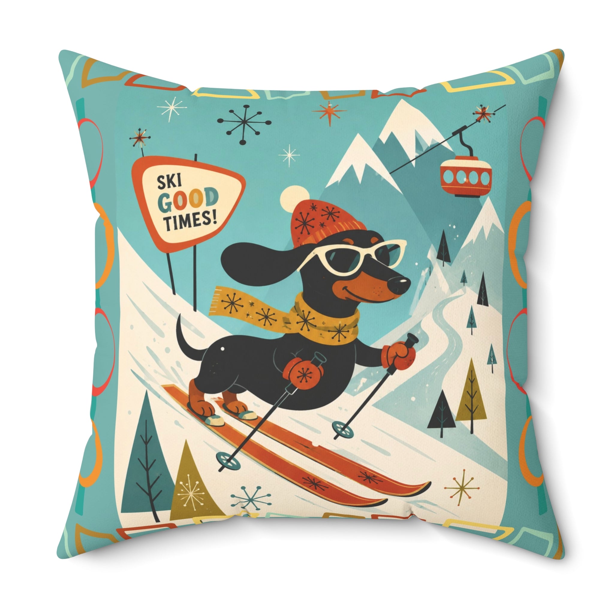 MCM Skiing Dachshund Pillow | Square Polyester Throw Pillow, Retro Winter Ski Art
