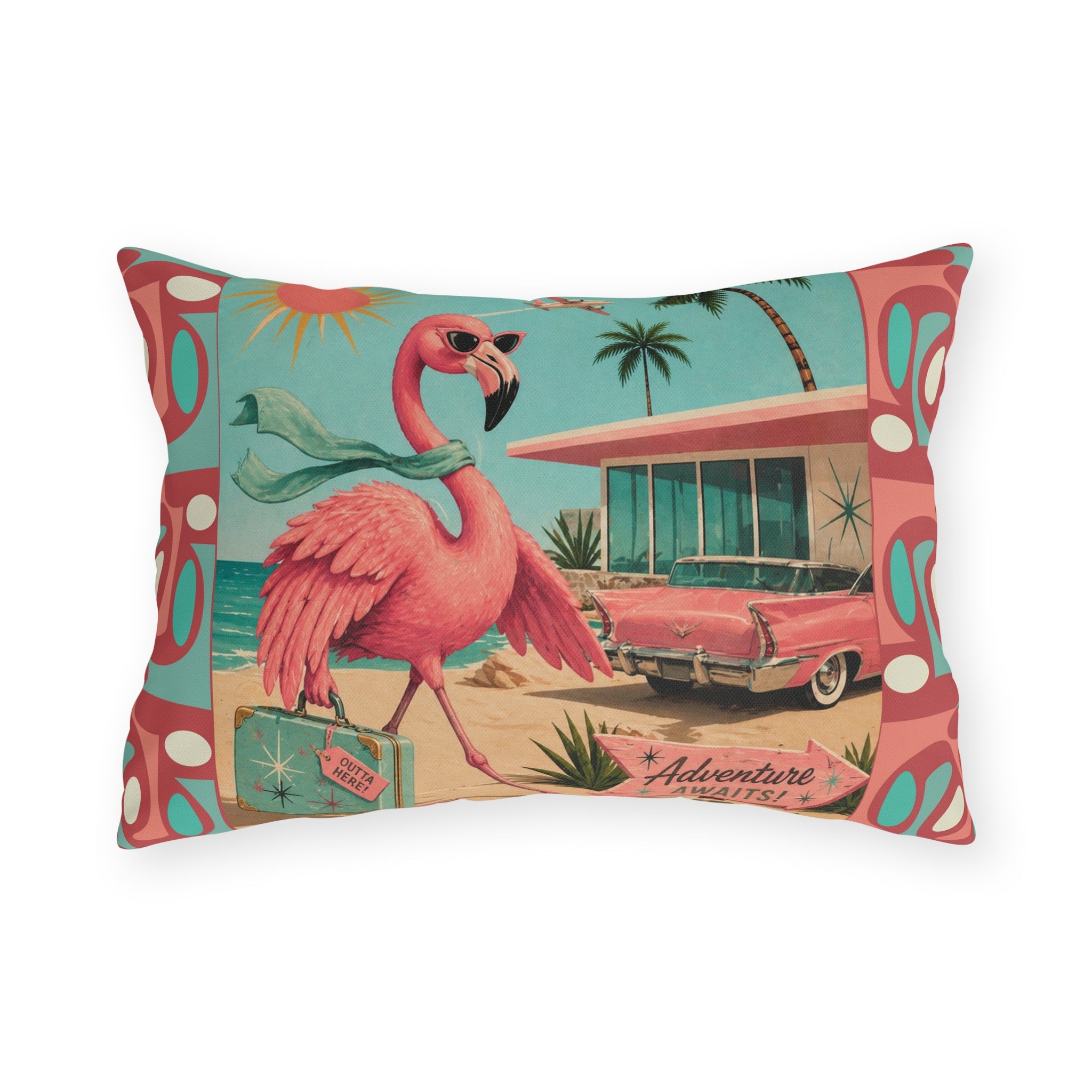 Retro Flamingo fly away Travel Illustration Outdoor Pillow | Mid Century Beach Adventure
