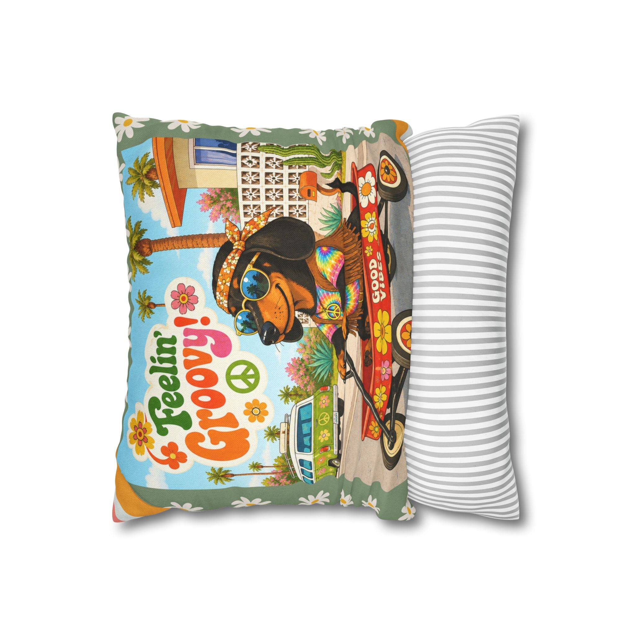 Feelin' Groovy retro Dachshund Pillowcase | 60s 70s pattern Square Decorative Pillow