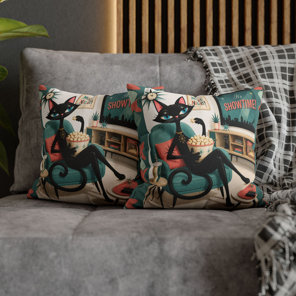 Retro atomic Black Cat Movie Night Pillowcase | MCM Square Pillowcase - Indoor use