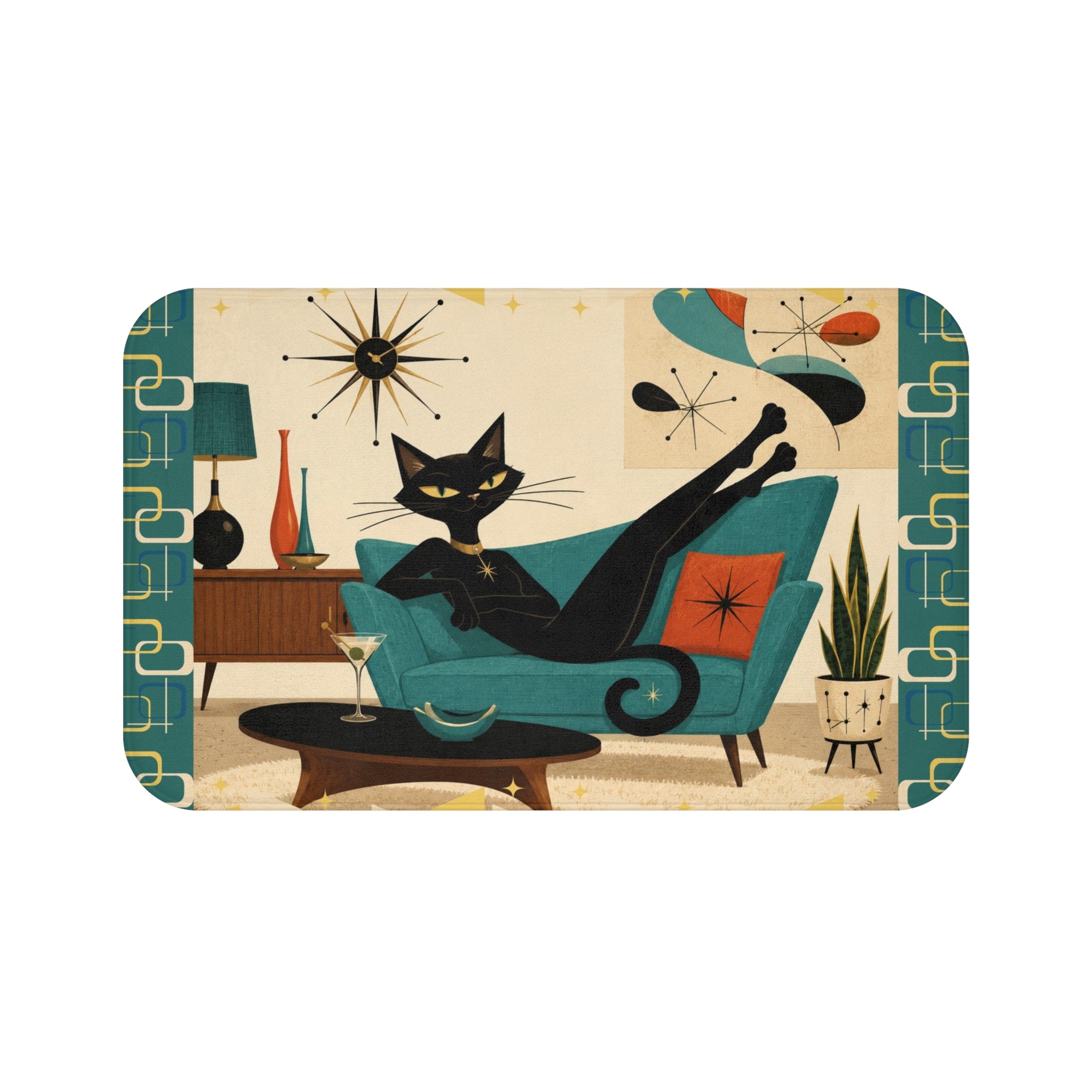 Mid Century Lounge Atomic Cat Bath Mat | Retro Atomic Living Room Design