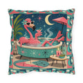Retro Flamingo in Hot Tub Outdoor Pillow | Mid Century Tropical Patio Decor