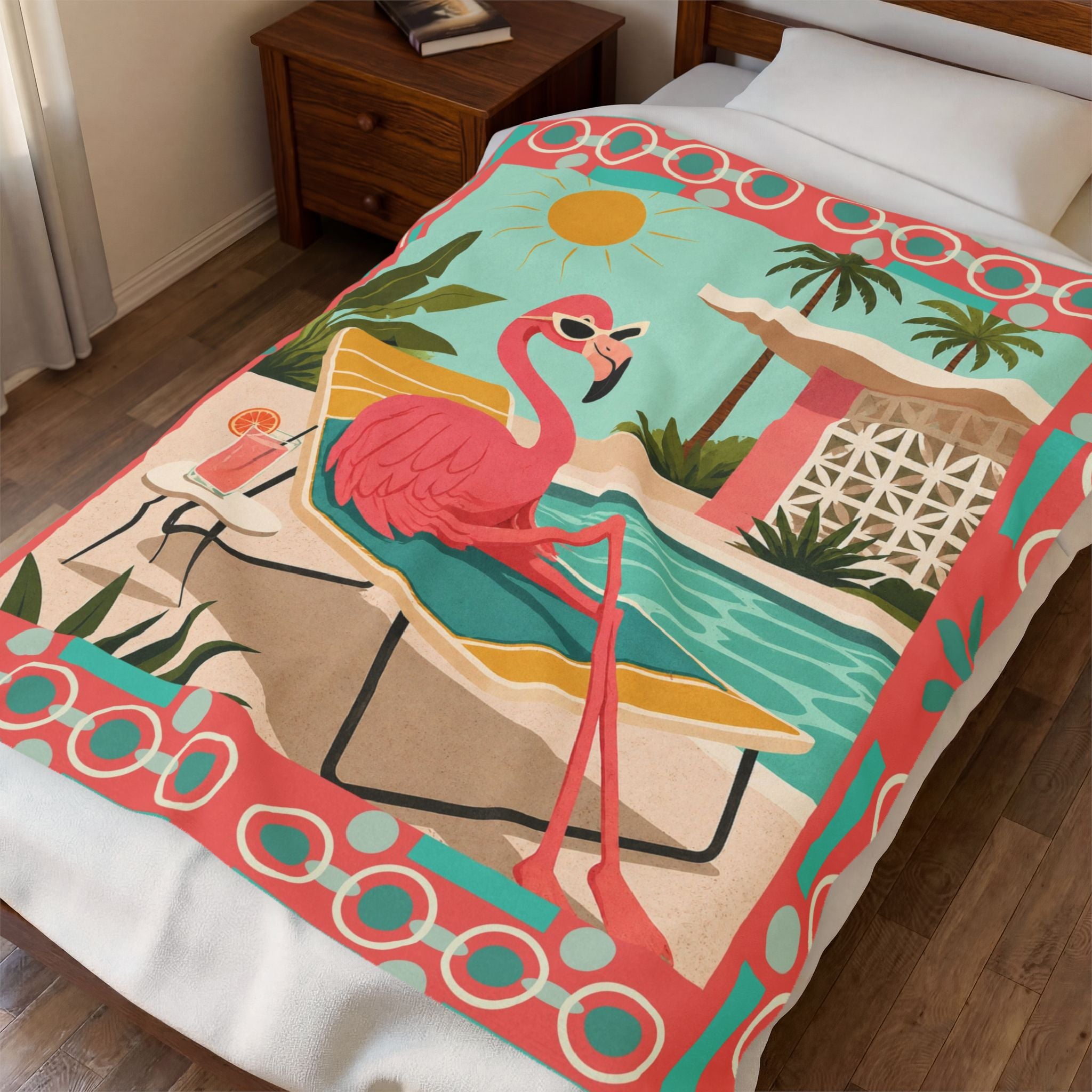 Retro Flamingo Poolside Velveteen Plush Blanket | Mid Century Tropical Design