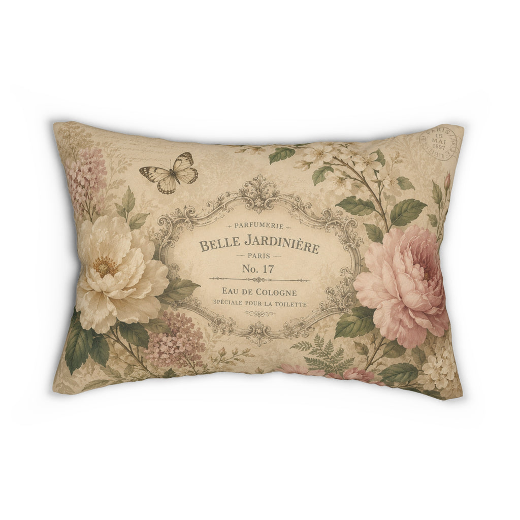 Vintage Floral Paris Label Lumbar Pillow | Shabby Chic Rose Cushion