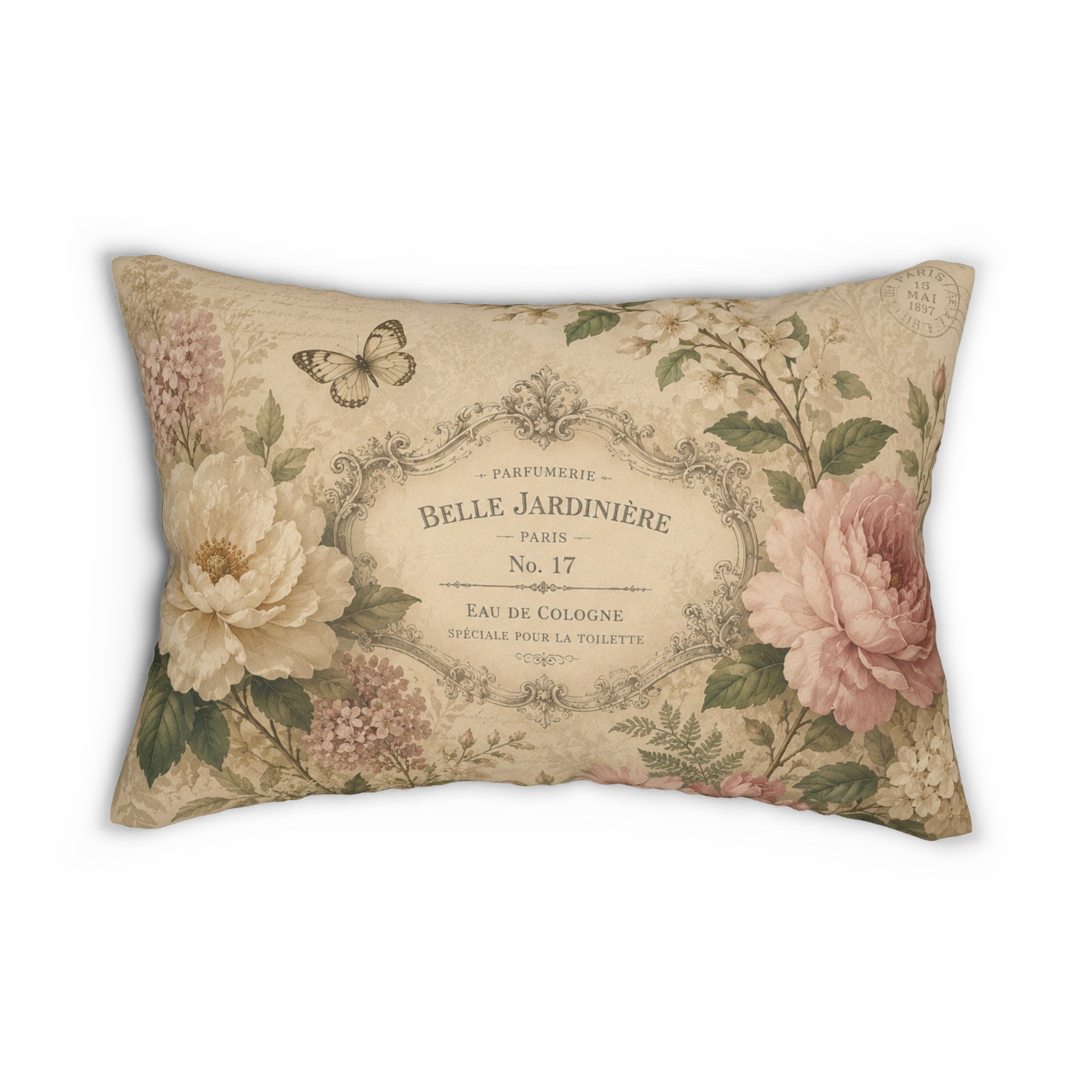 Vintage Floral Paris Label Lumbar Pillow | Shabby Chic Rose Cushion