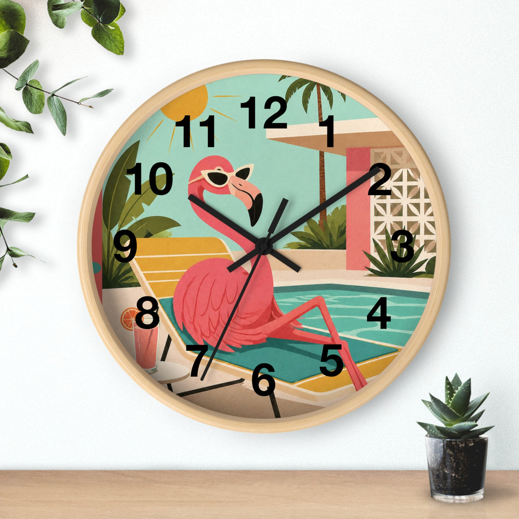 Retro Flamingo Poolside Wall Clock | Mid Century Tropical Illustration
