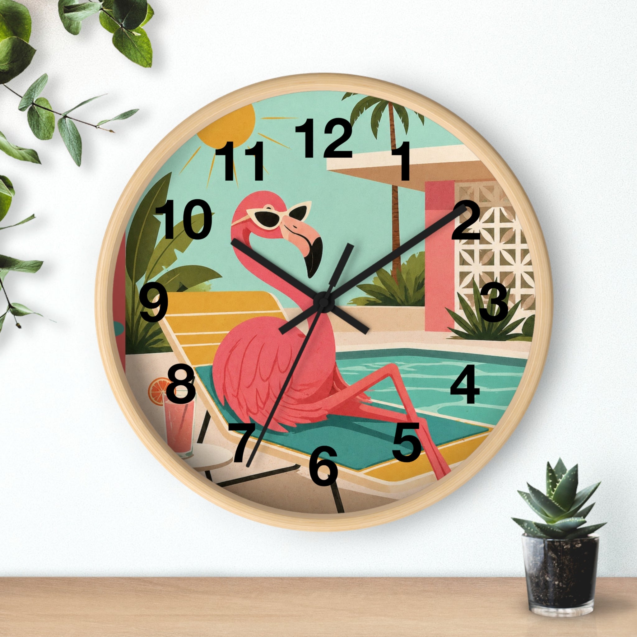 Retro Flamingo Poolside Wall Clock | Mid Century Tropical Illustration