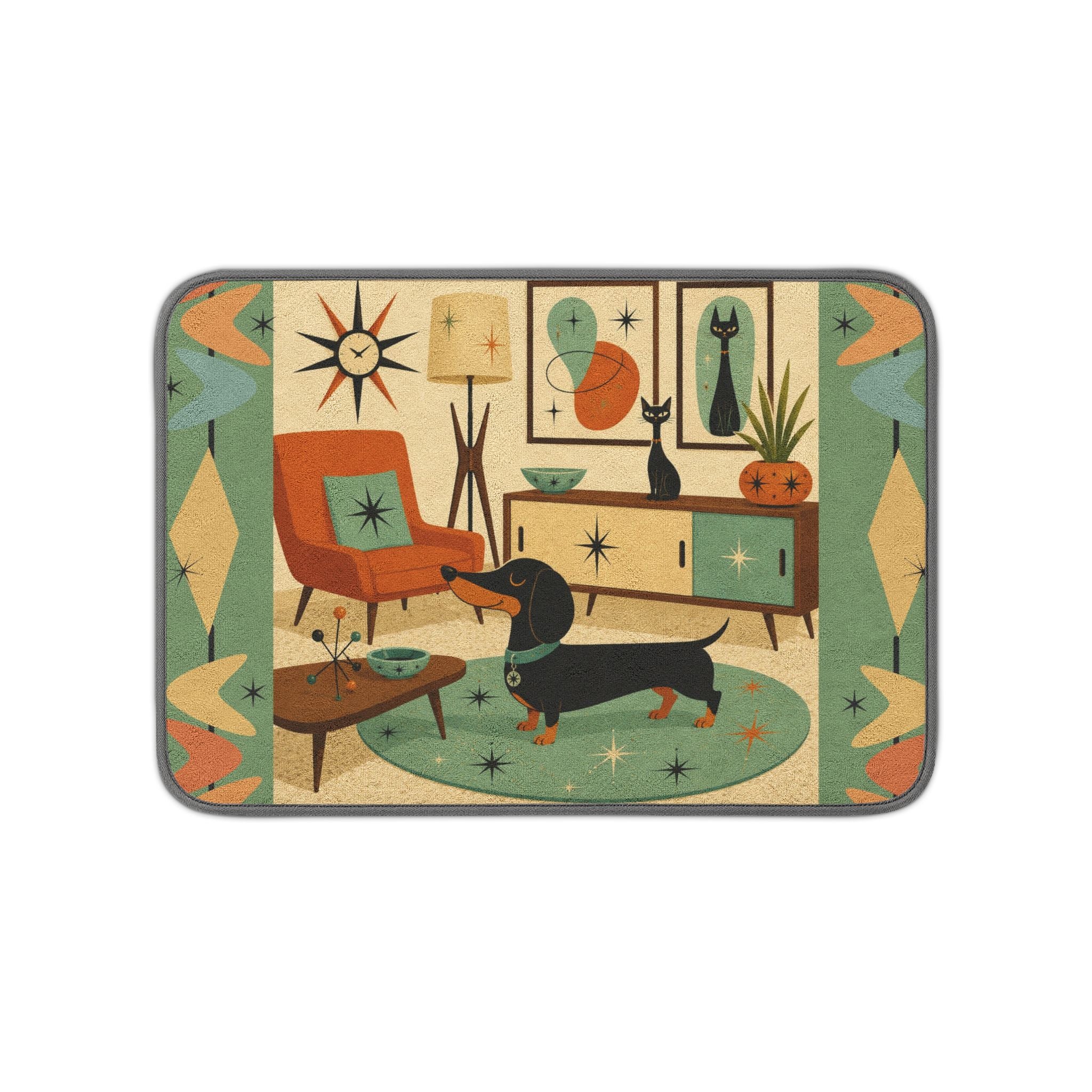 Mid Century Dachshund Illustration Microfiber Kitchen Dish Mat | Retro Atomic Living Room