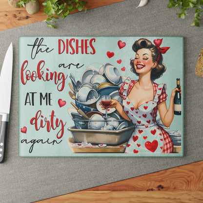 Vintage inspired Dirty dishes Glass Cutting Board, valentines gift, retro chopping board