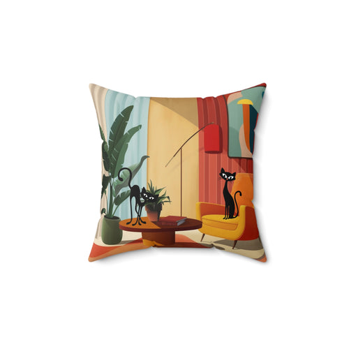 Atomic cat retro Spun Polyester Square Pillow, Mid Century Modern, mancave pillow, living couch scatter throw cushion, black cat lover gift